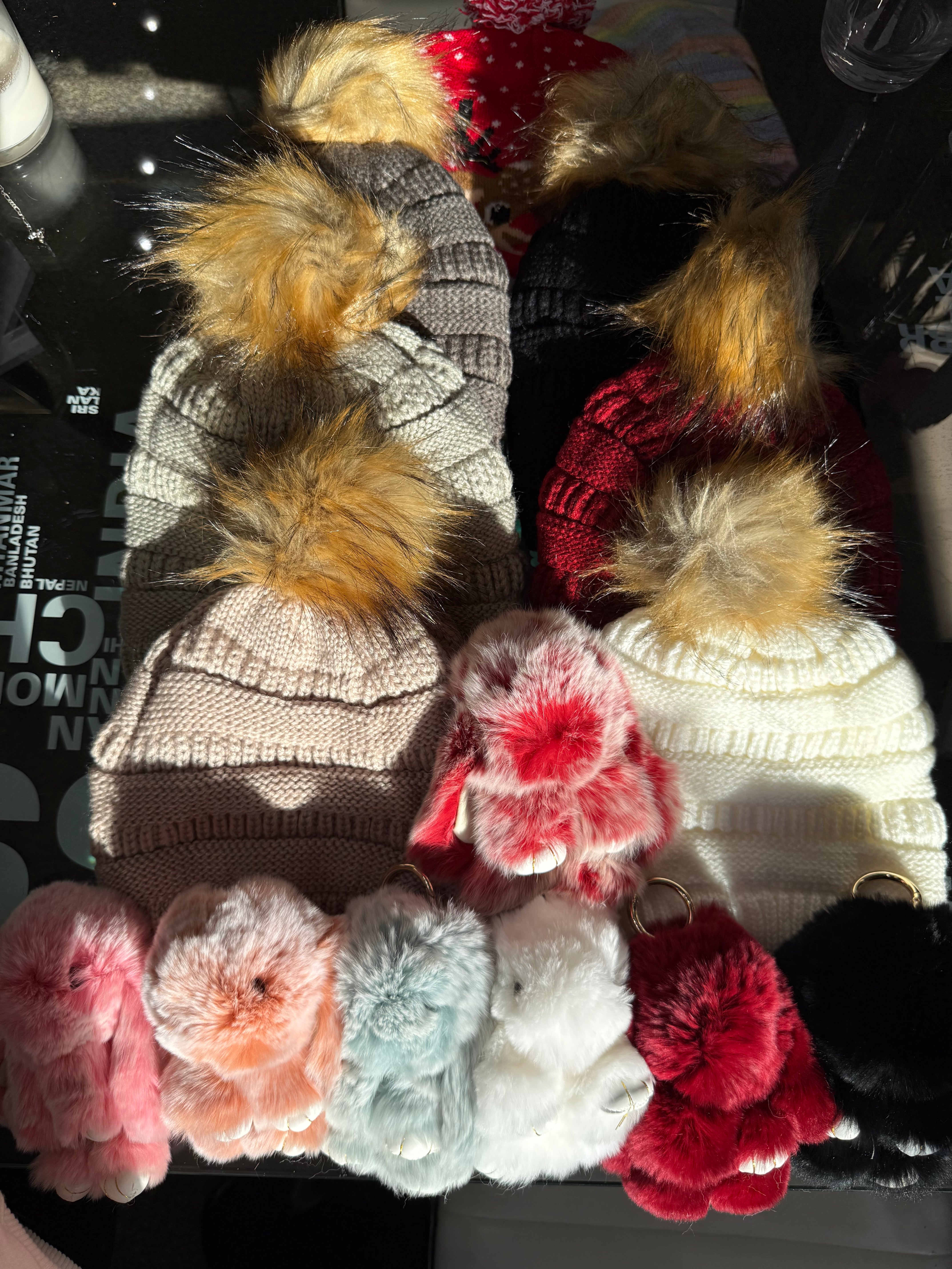 Pom Pom Beanie + Bunny Key Chain