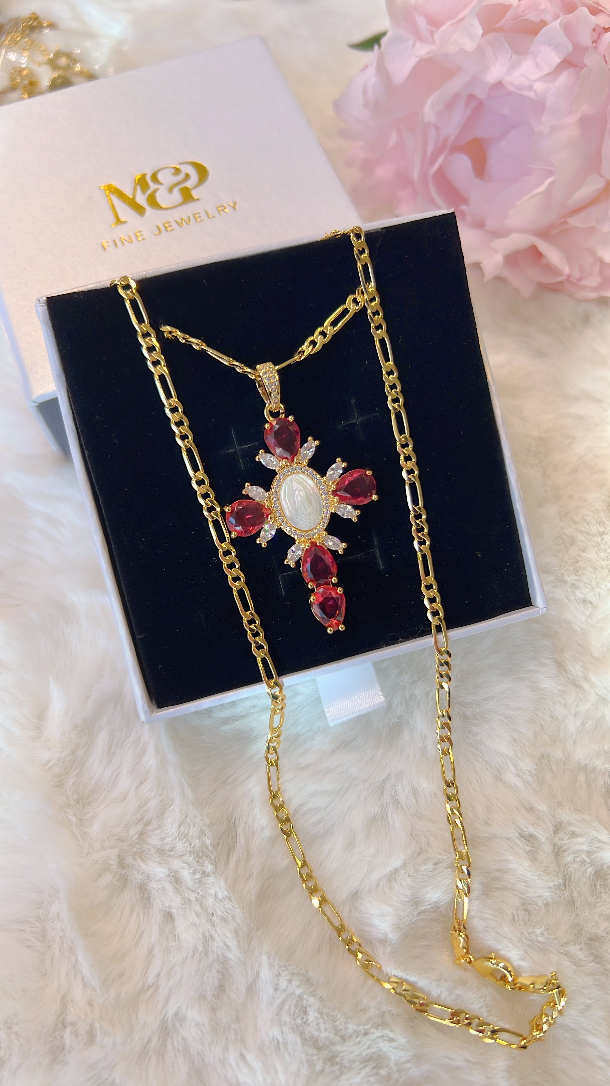 Magenta Virgin Mary Cross Necklace