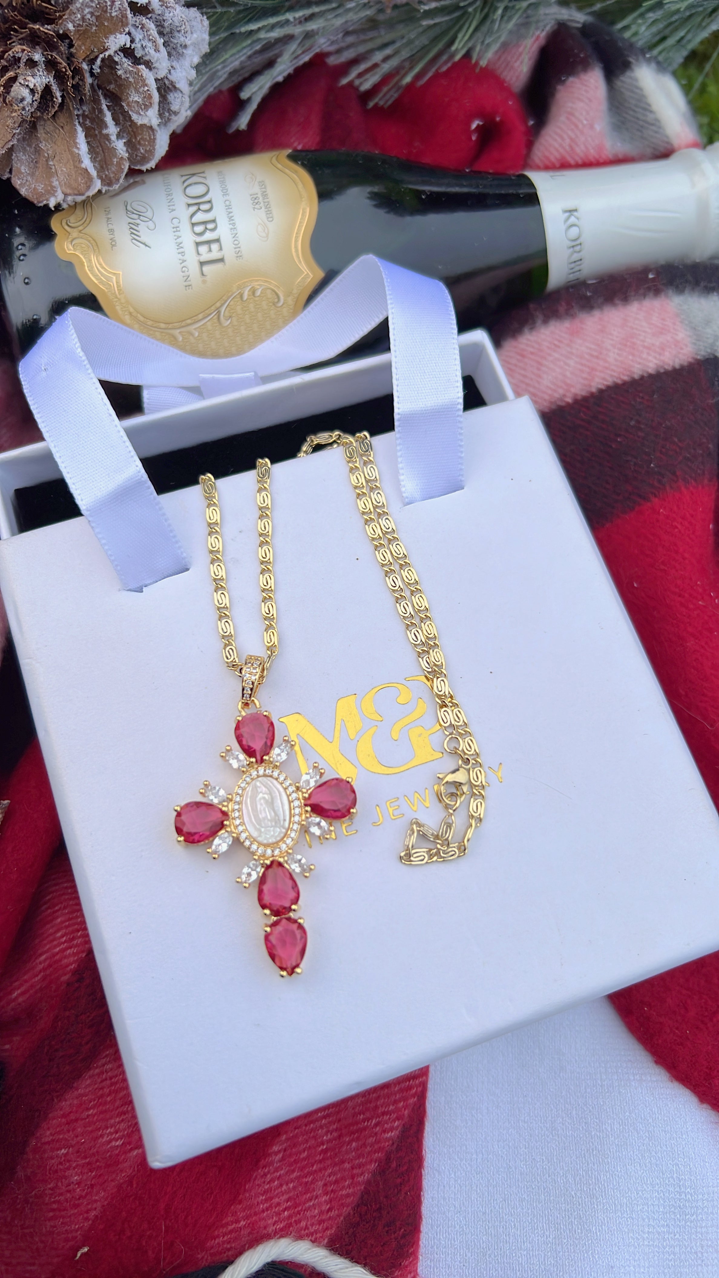 Magenta Virgin Mary Cross Necklace