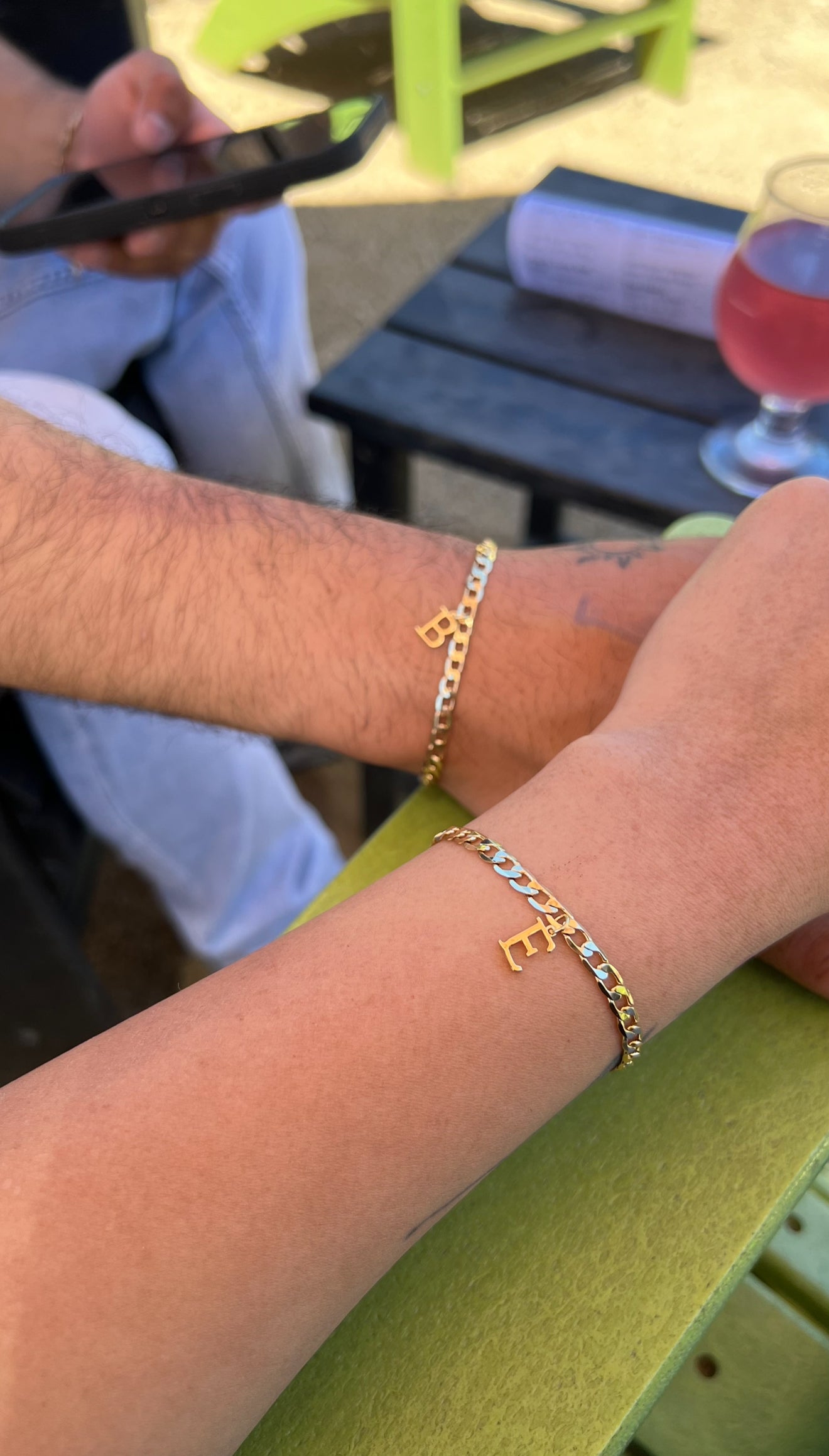 2 Bracelets: Initial Mini Cuban Couple Set