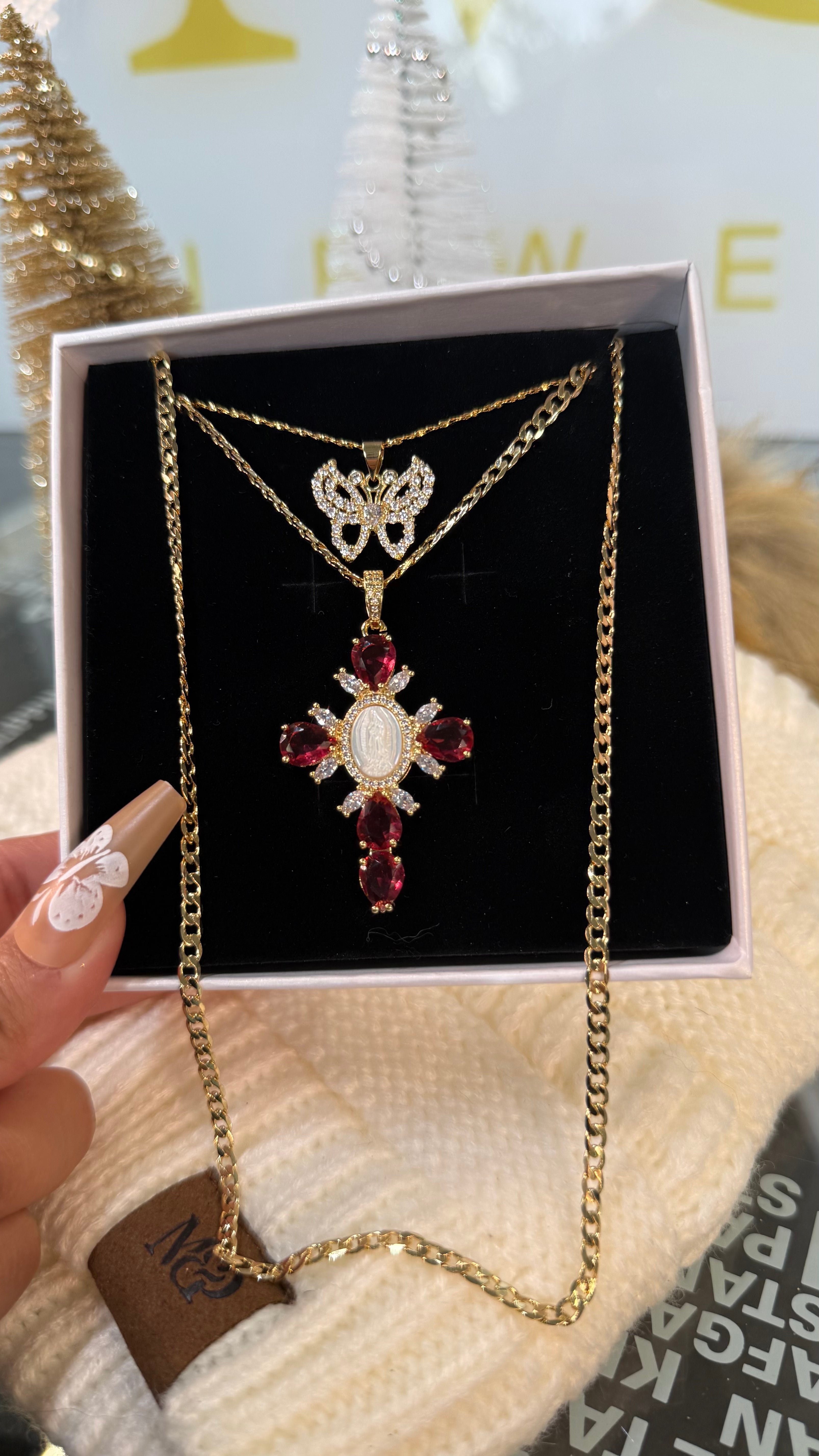 Crimson Butterfly - Cross Necklace Set