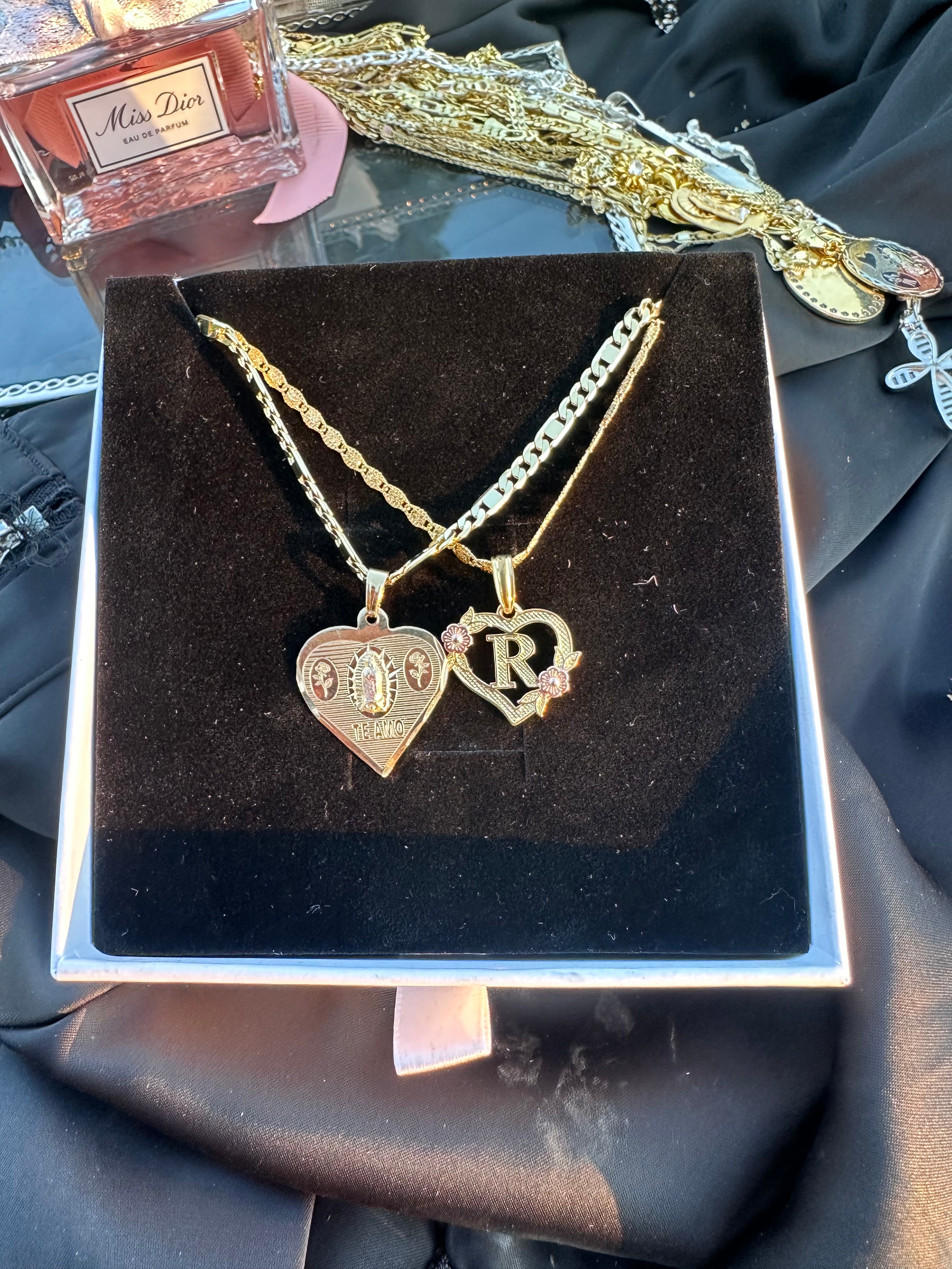 "Te Amo" Initial Heart Necklace Set