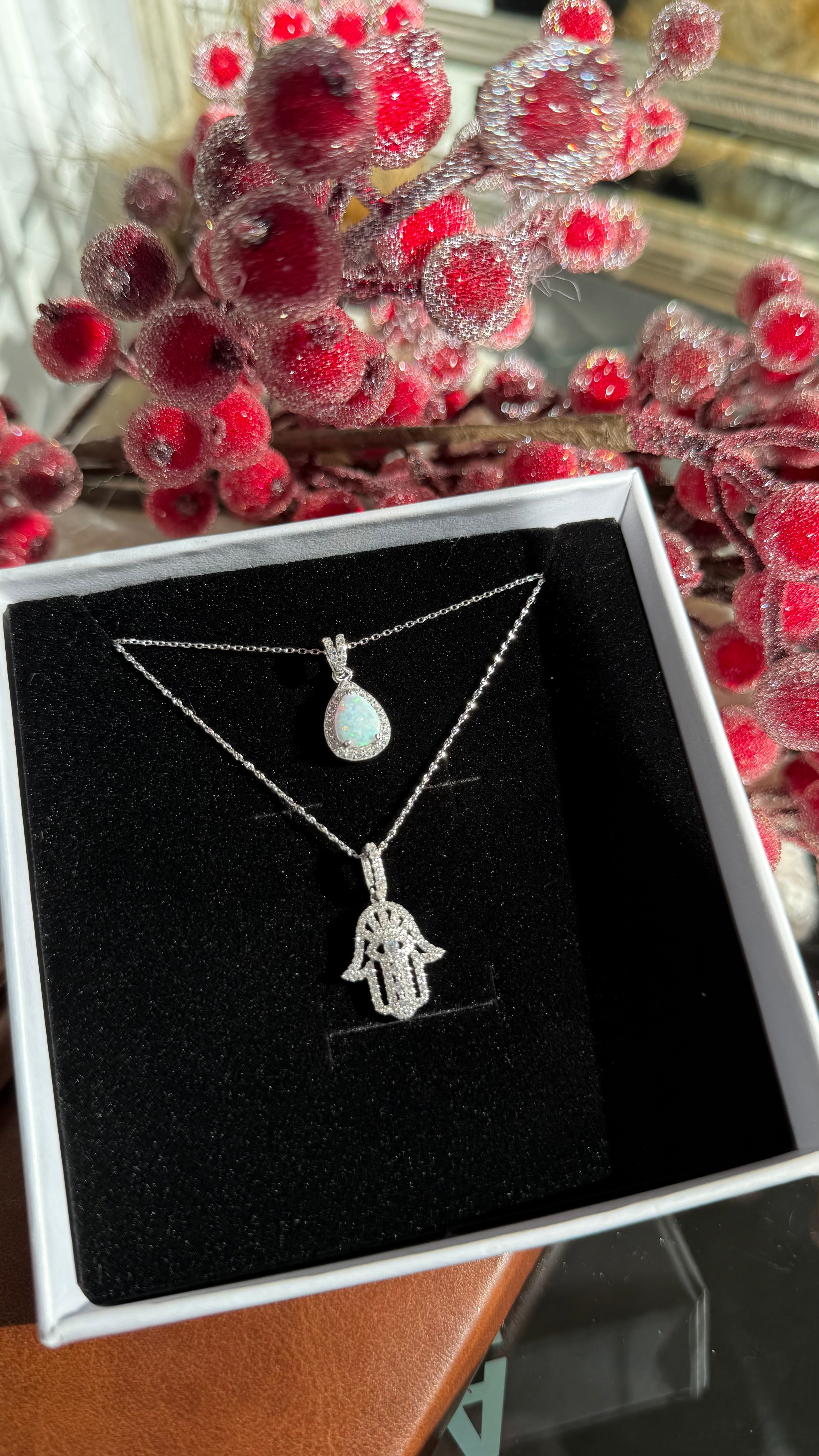 Sterling Silver Opal Hamsa Necklace Set