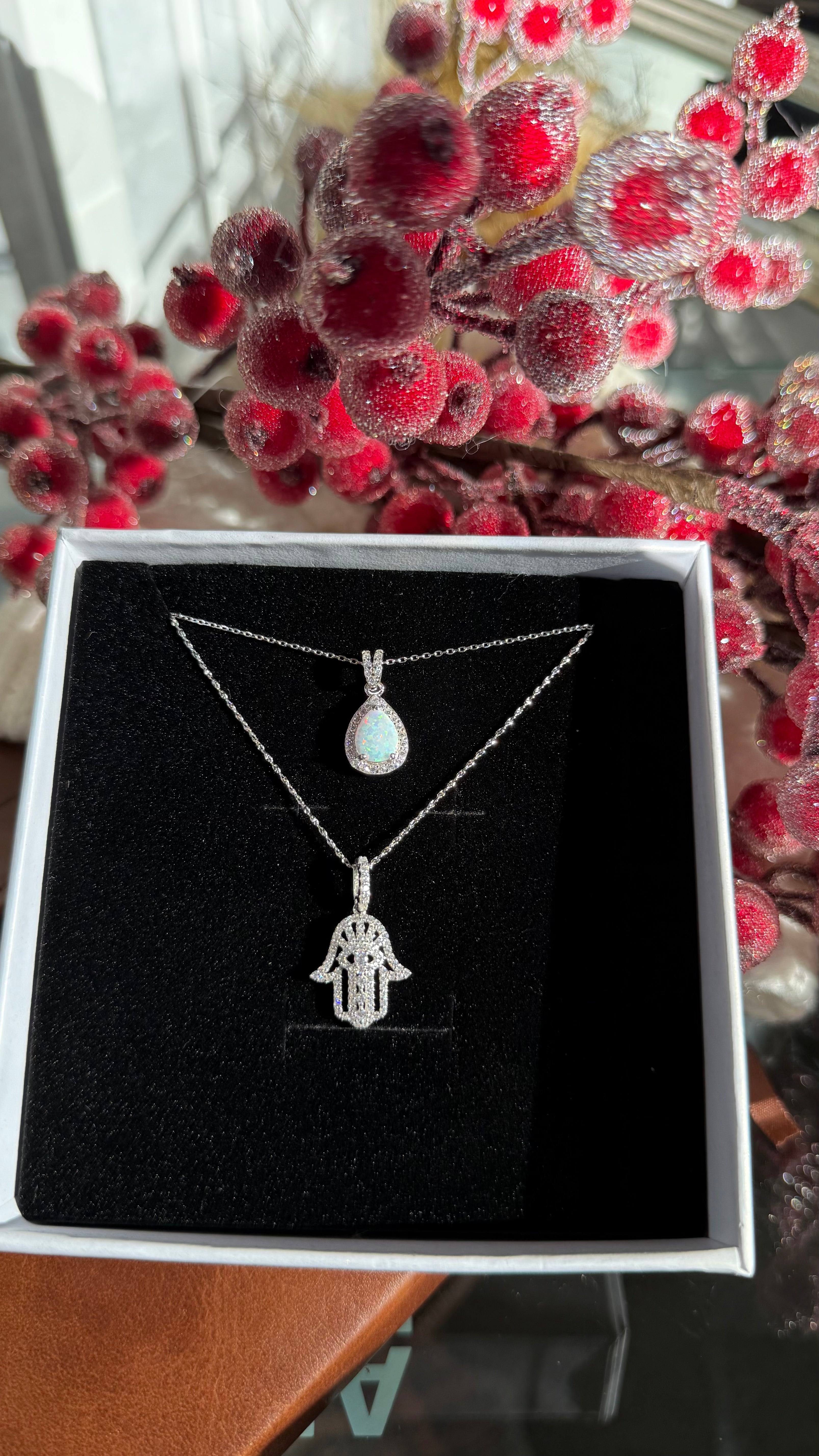 Sterling Silver Opal Hamsa Necklace Set