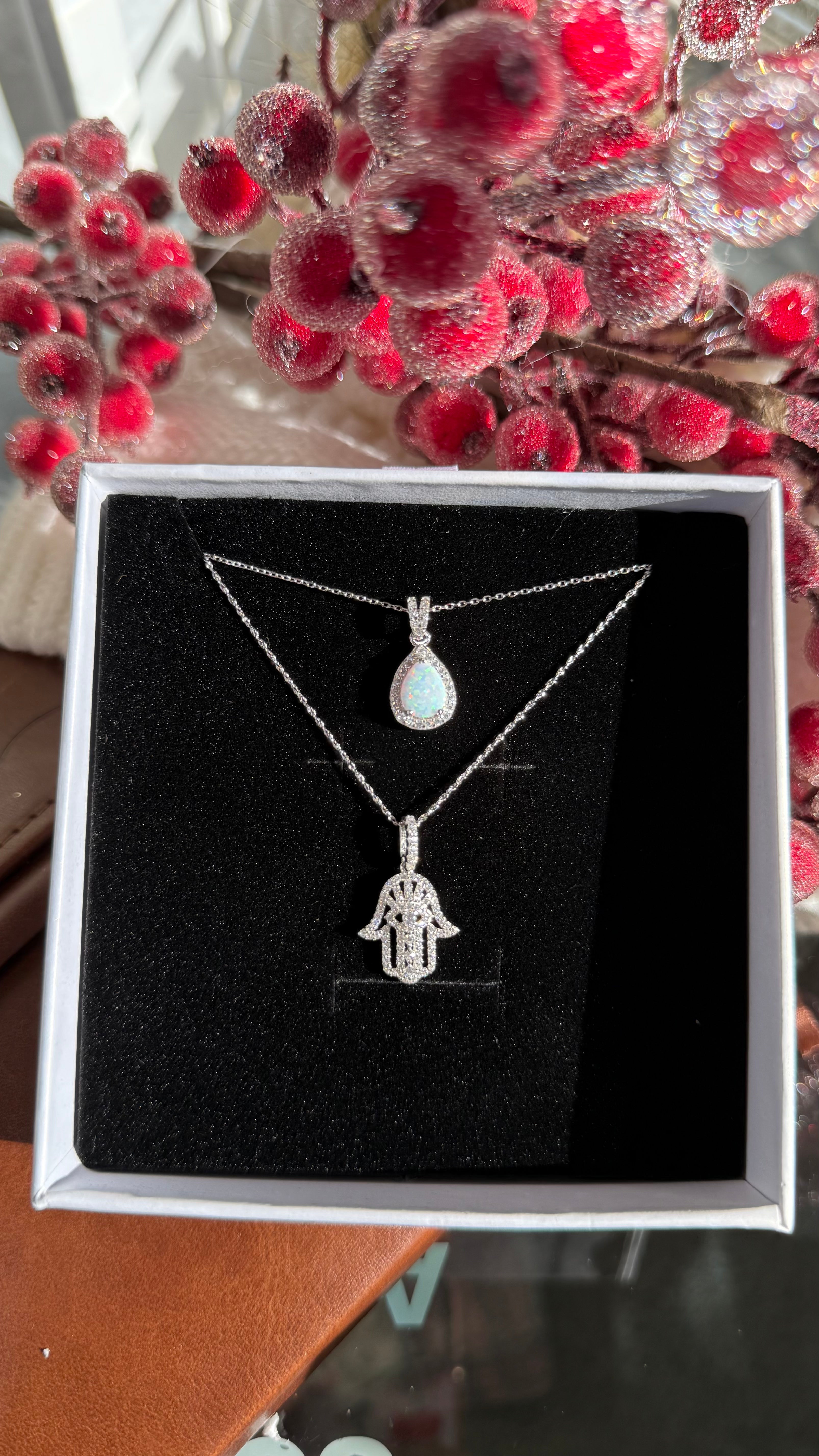 Sterling Silver Opal Hamsa Necklace Set