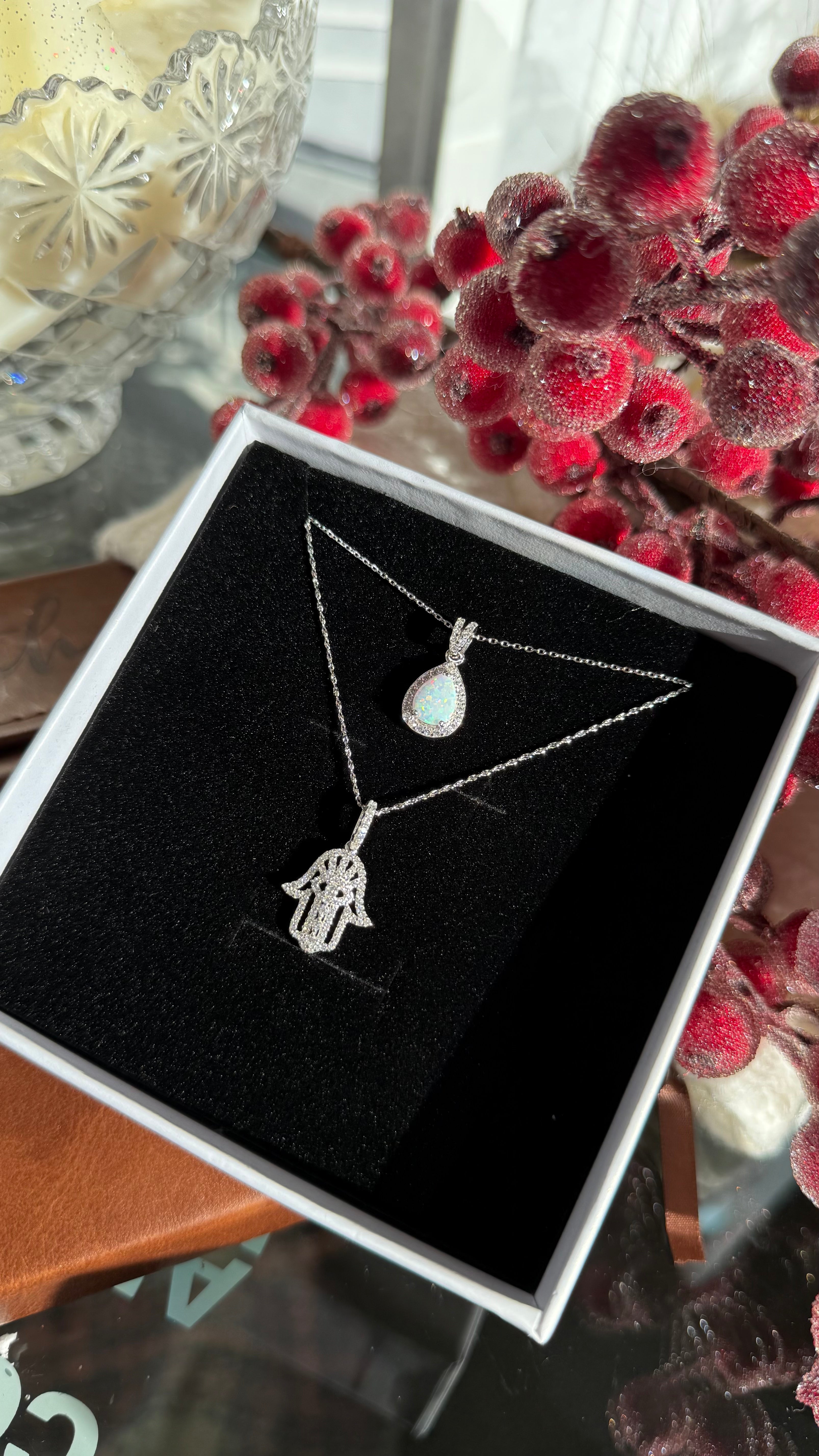 Sterling Silver Opal Hamsa Necklace Set