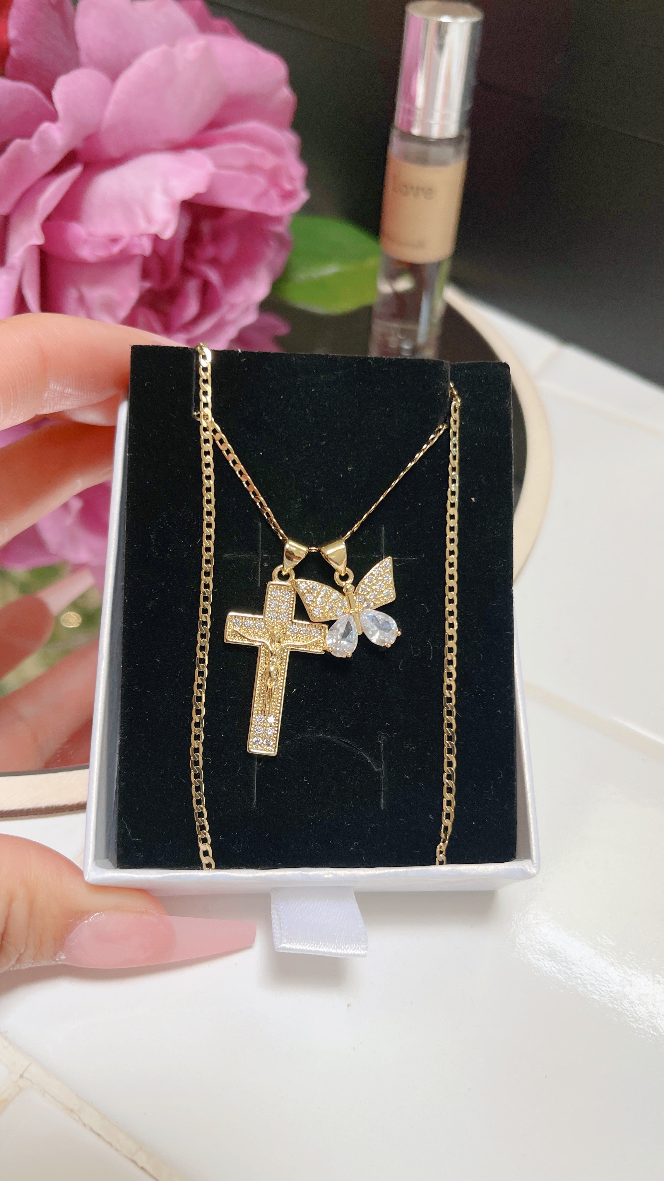 Gold Filled: Butterfly & Cross Necklace