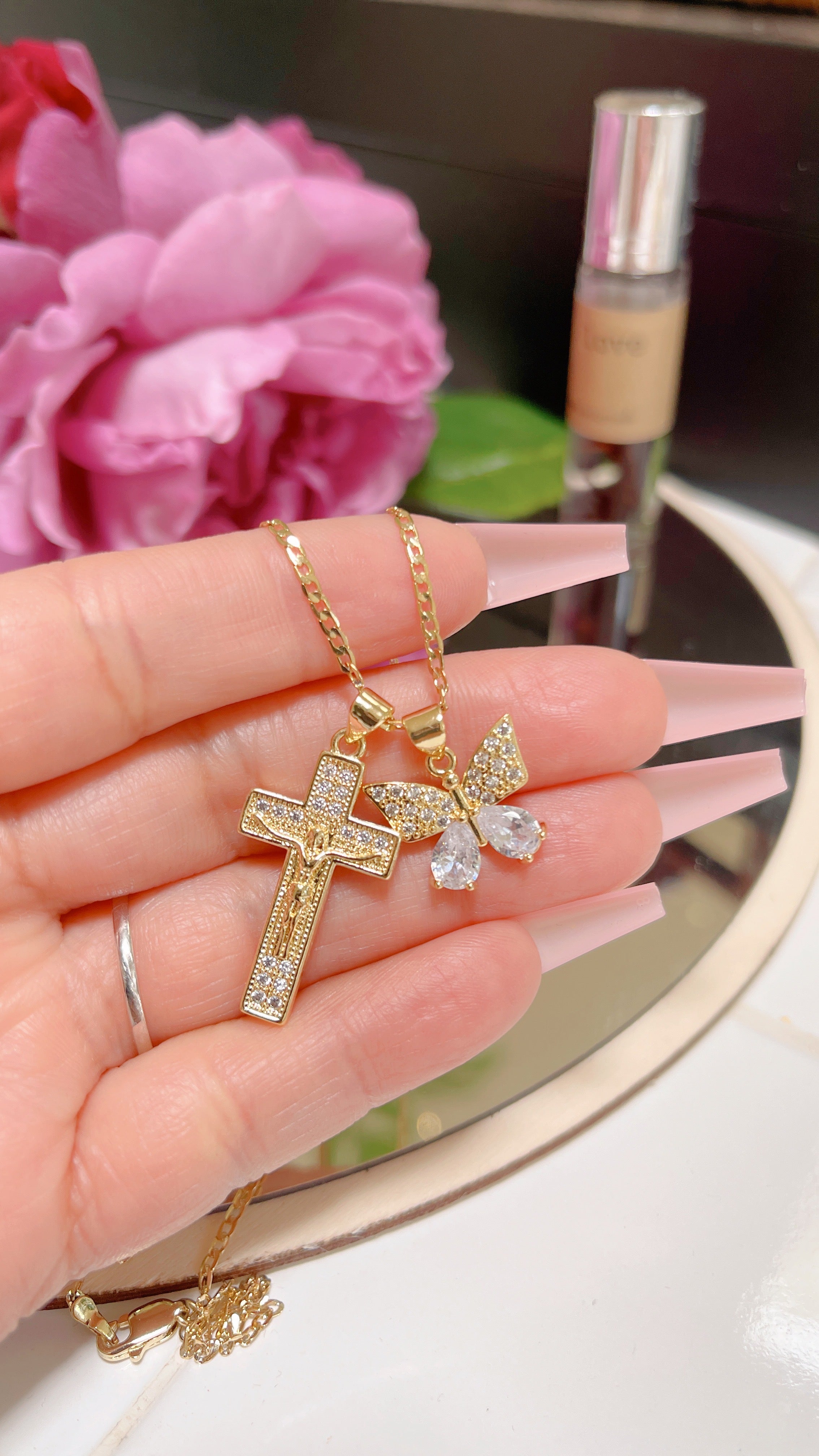 Gold Filled: Butterfly & Cross Necklace