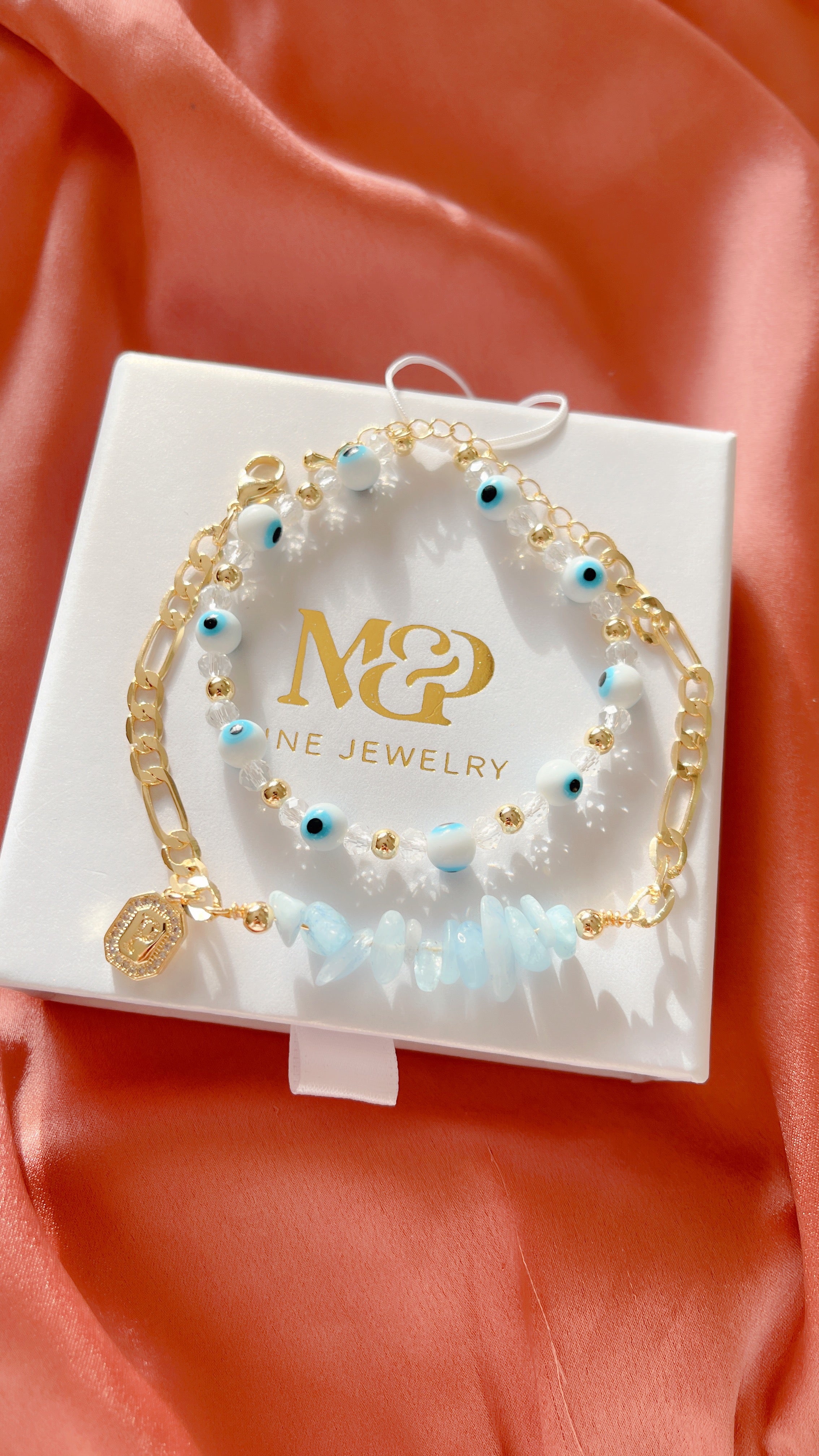 Initial Aquamarine Bracelet Set (2 pcs)