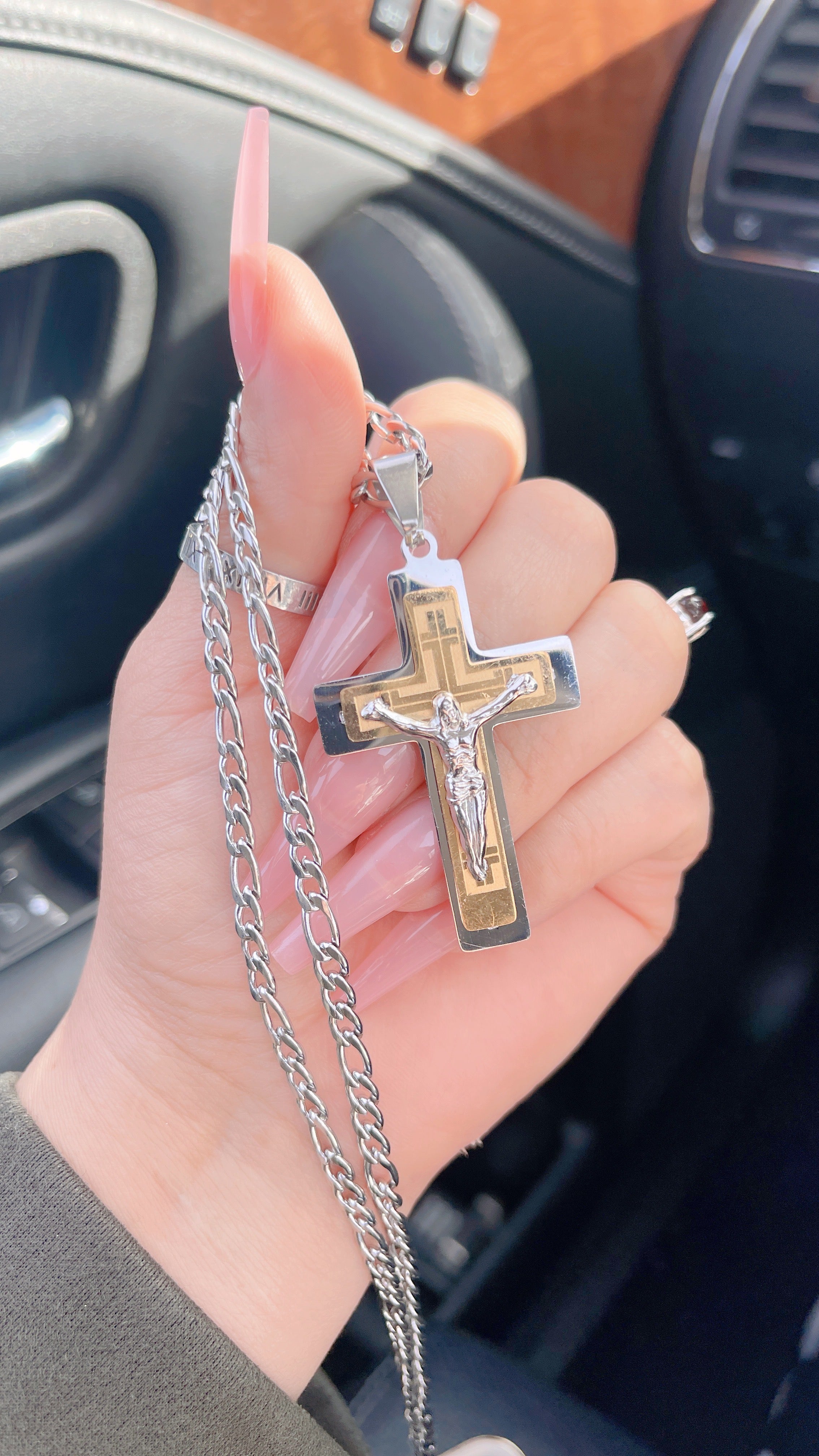 Dual Tone Jesus Cross Necklace