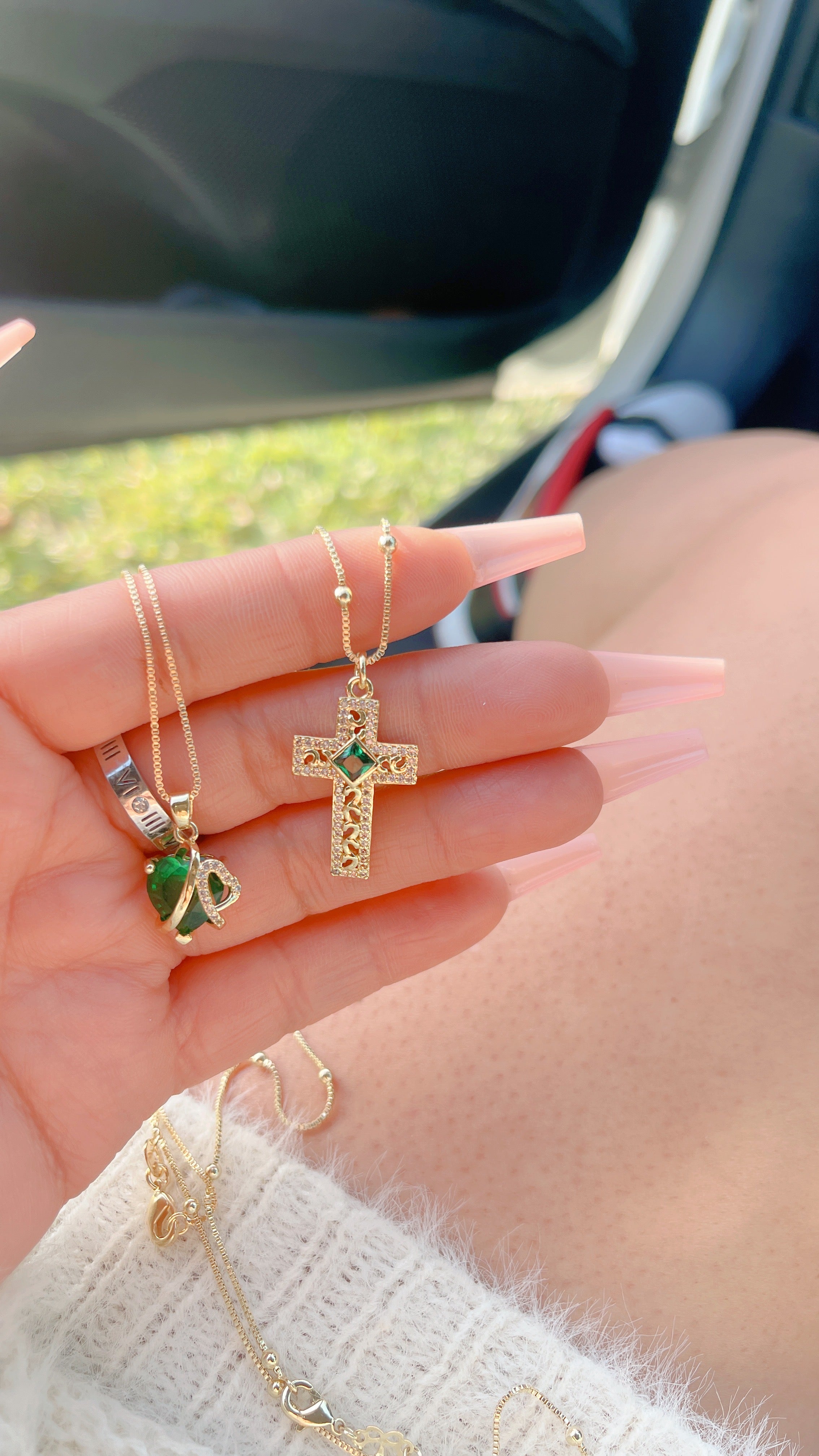 Emerald Heart Cross Necklace Set II