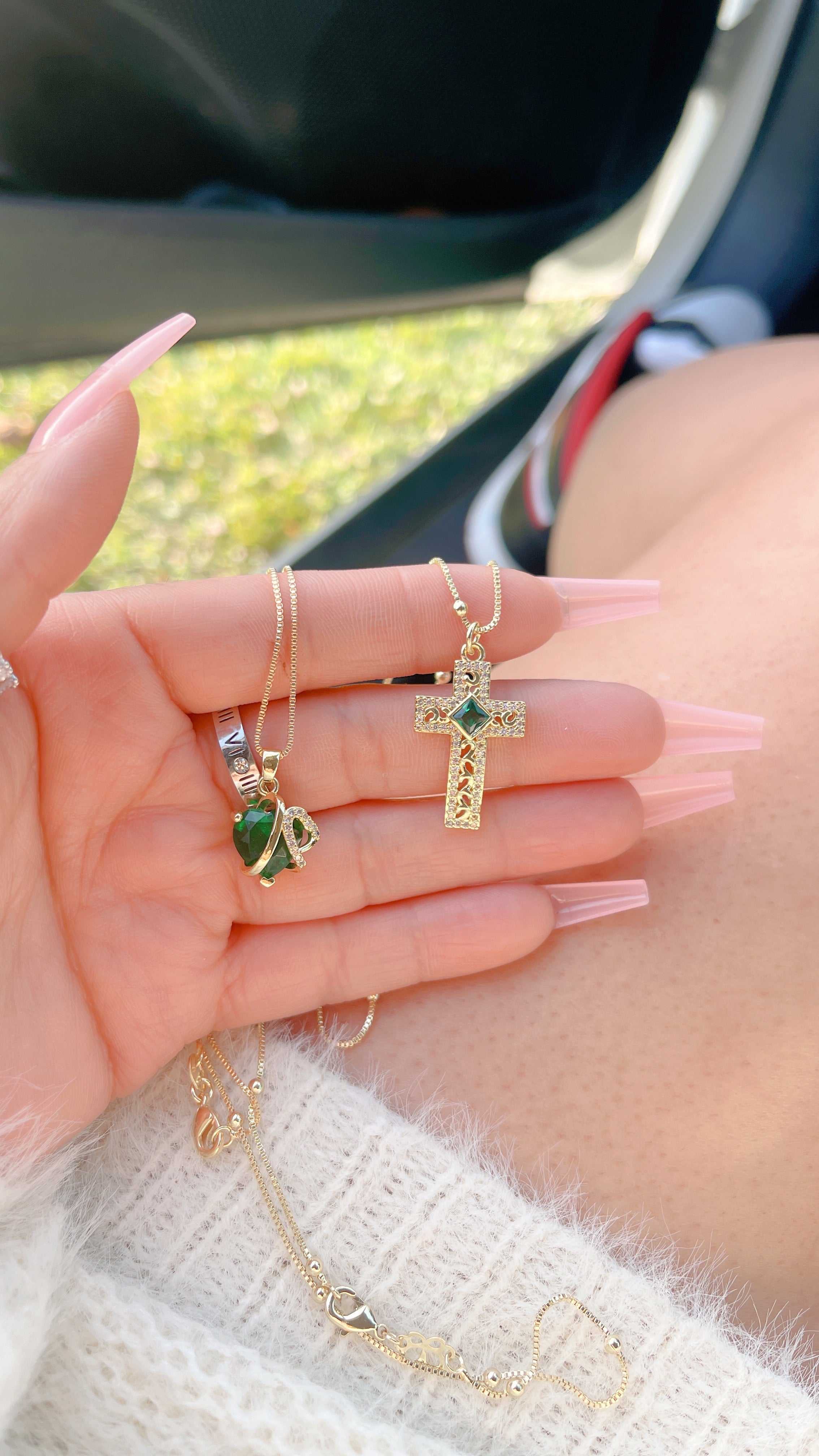 Emerald Heart Cross Necklace Set II