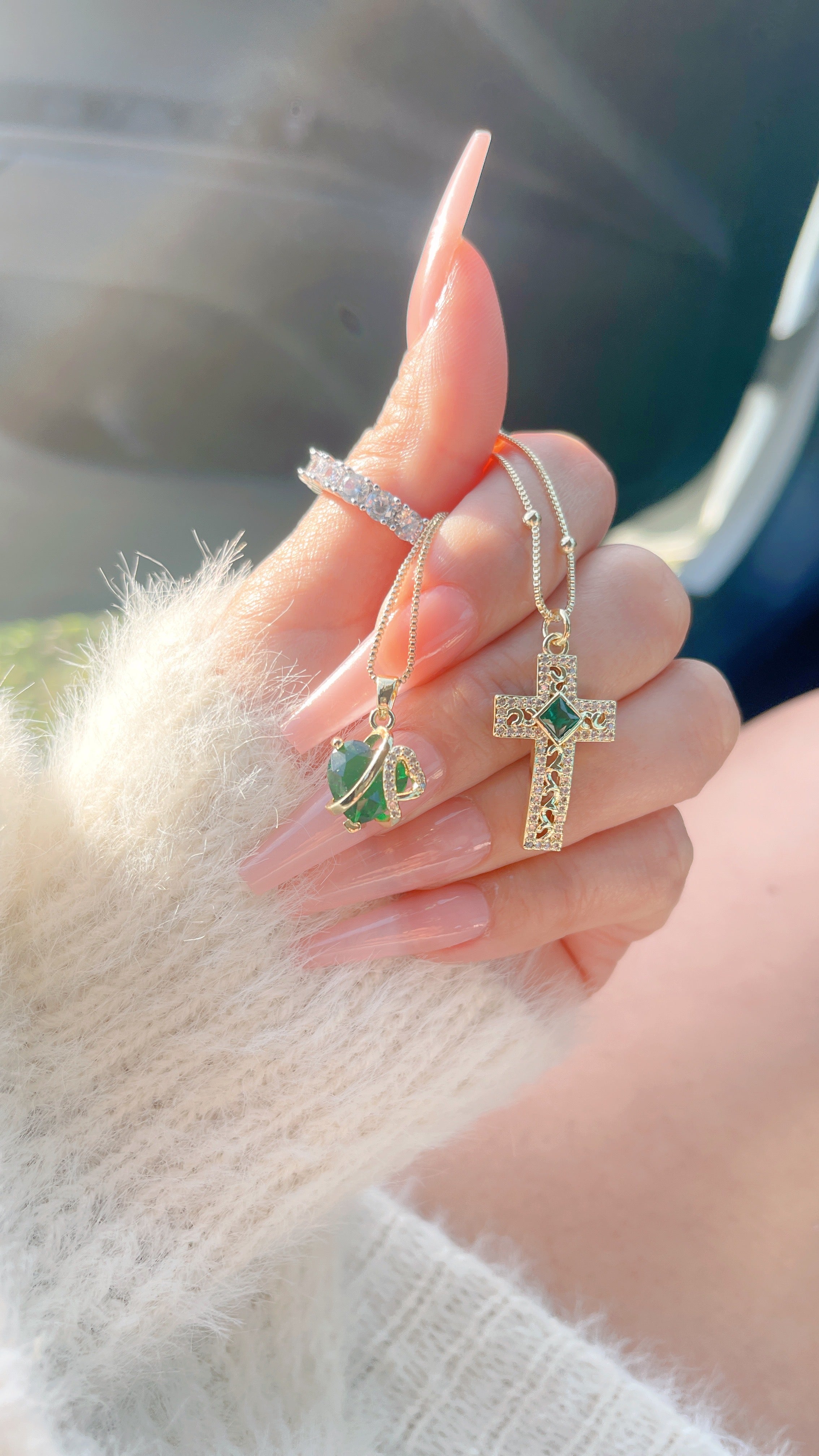 Emerald Heart Cross Necklace Set II